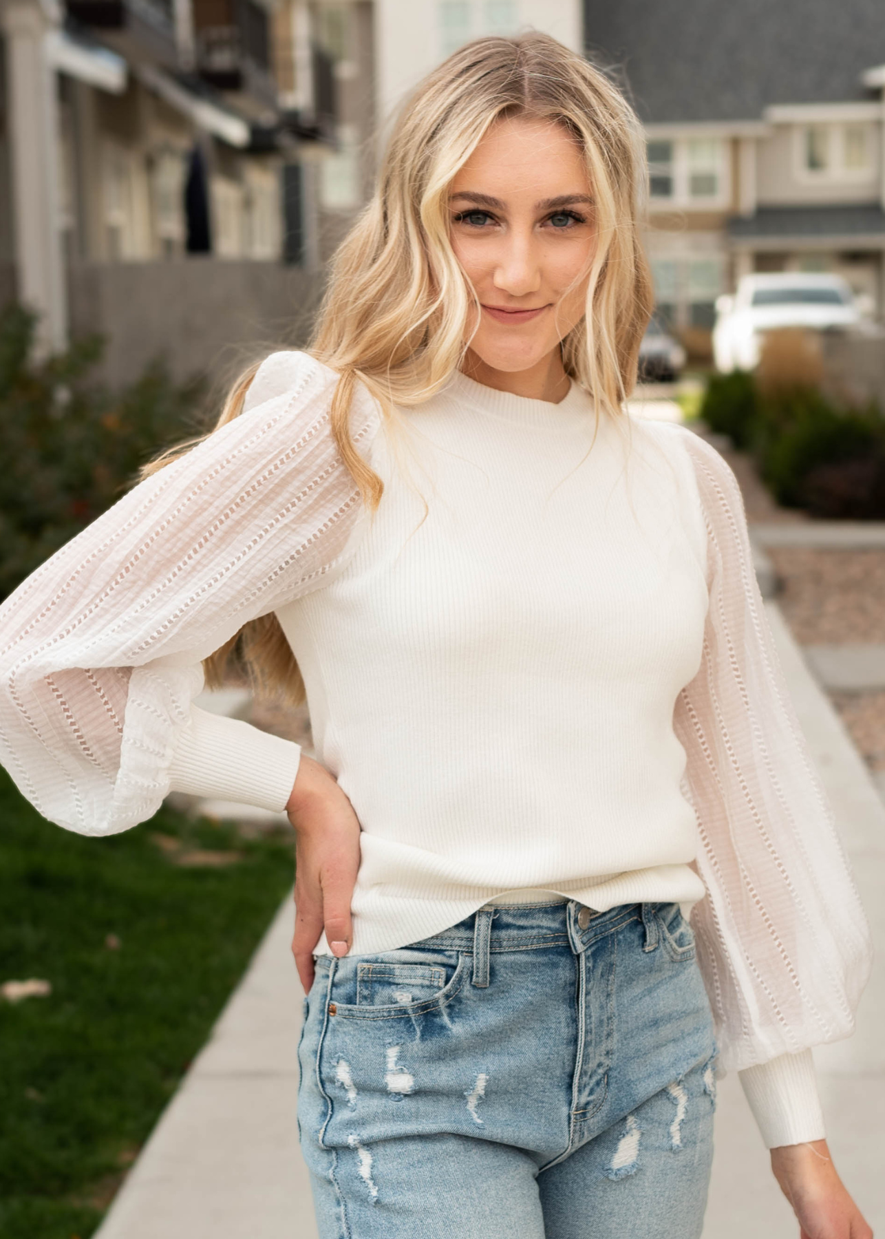 Sheer sleeve outlet sweater