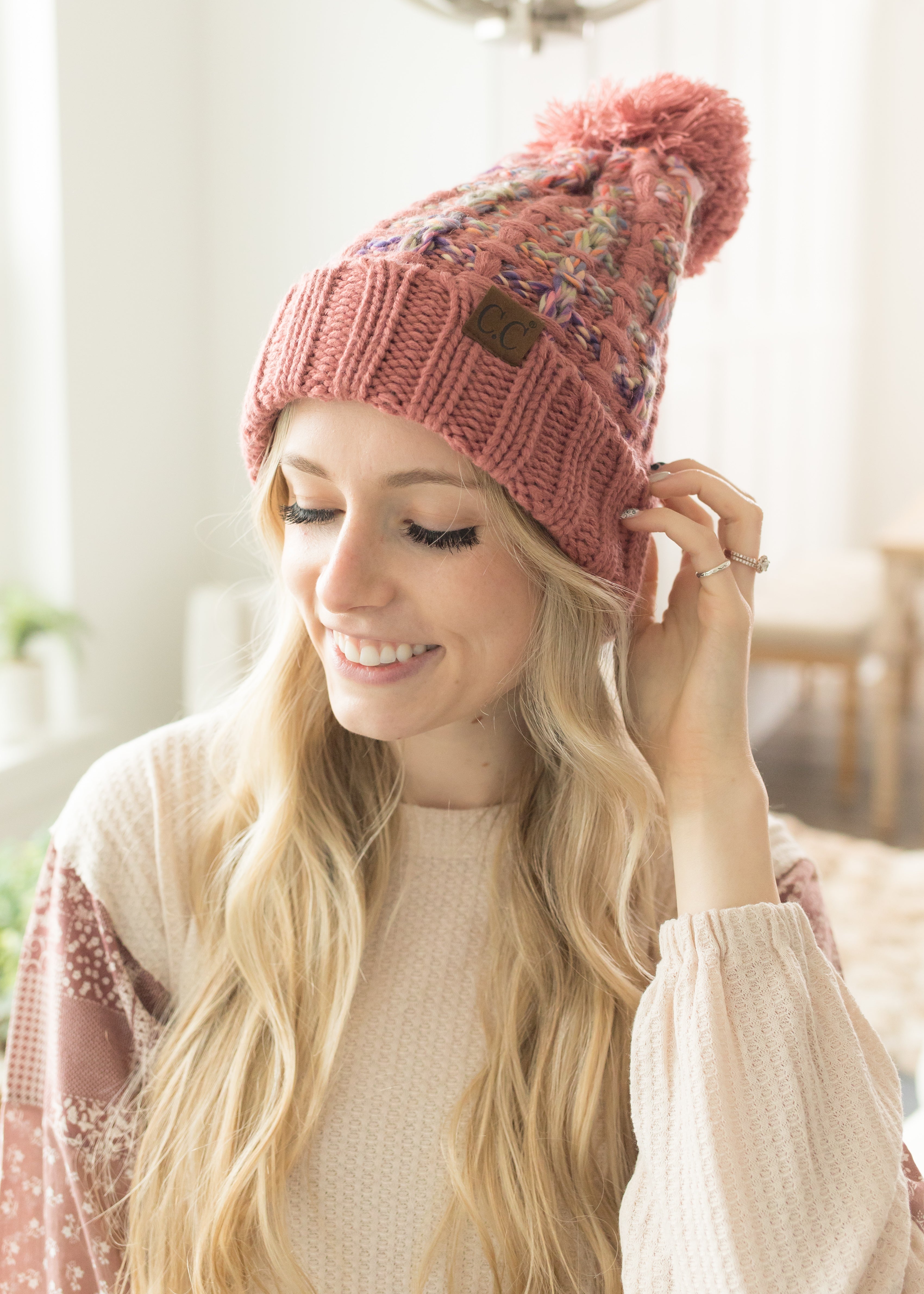 Aztec Pink & Denim Faux Fur Pom-Pom Beanie Hat