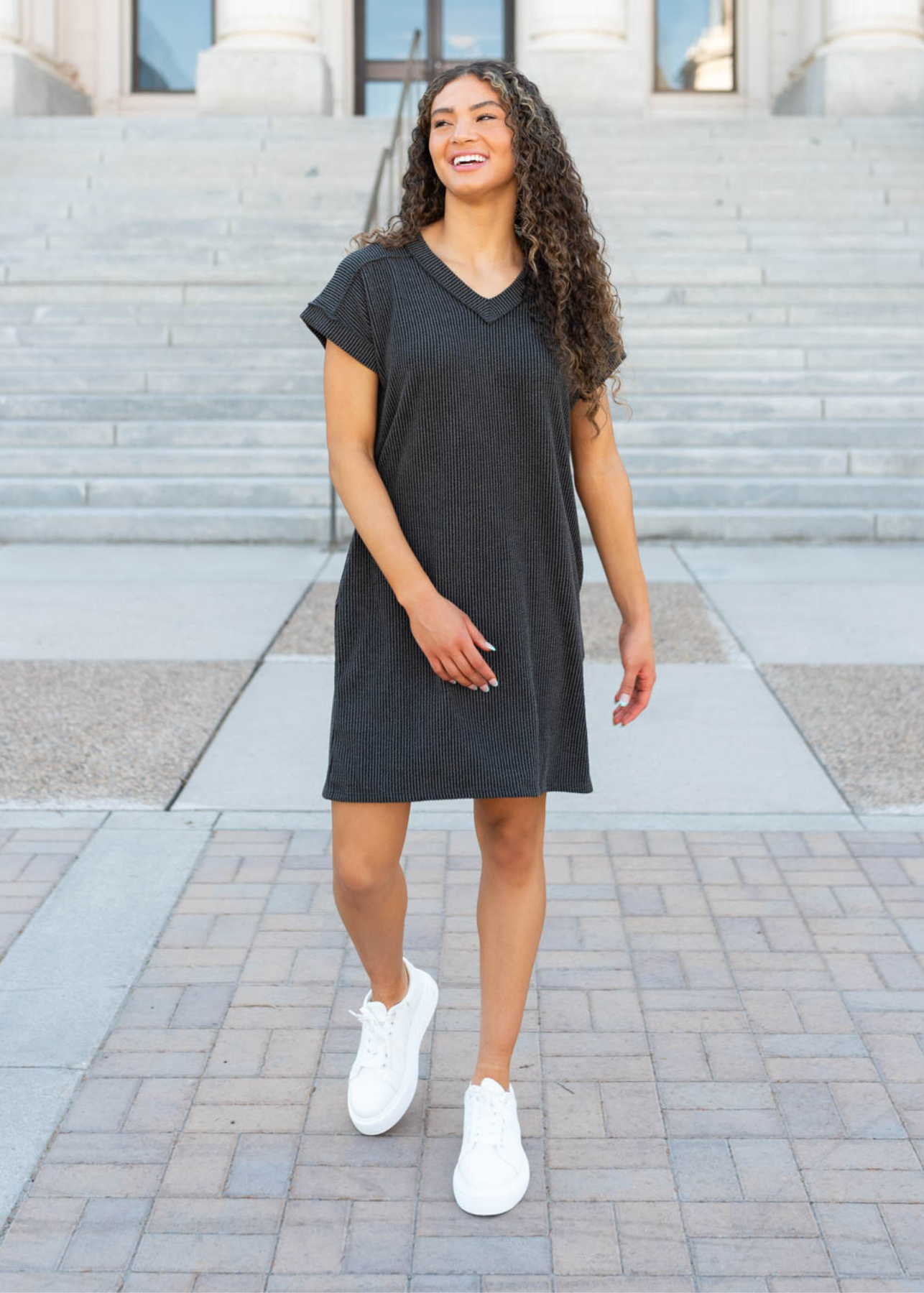 Short sleeve charcoal ribbed t-shirt dress