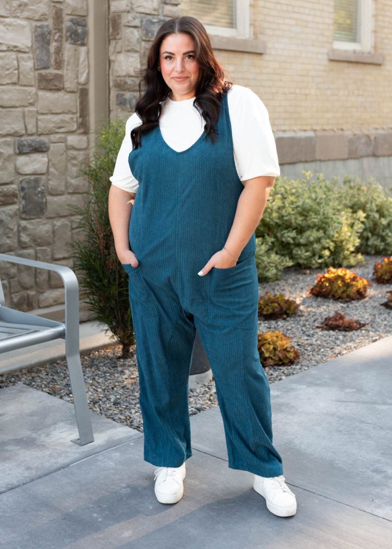 Plus size deep aqua corduroy overalls with front pockets