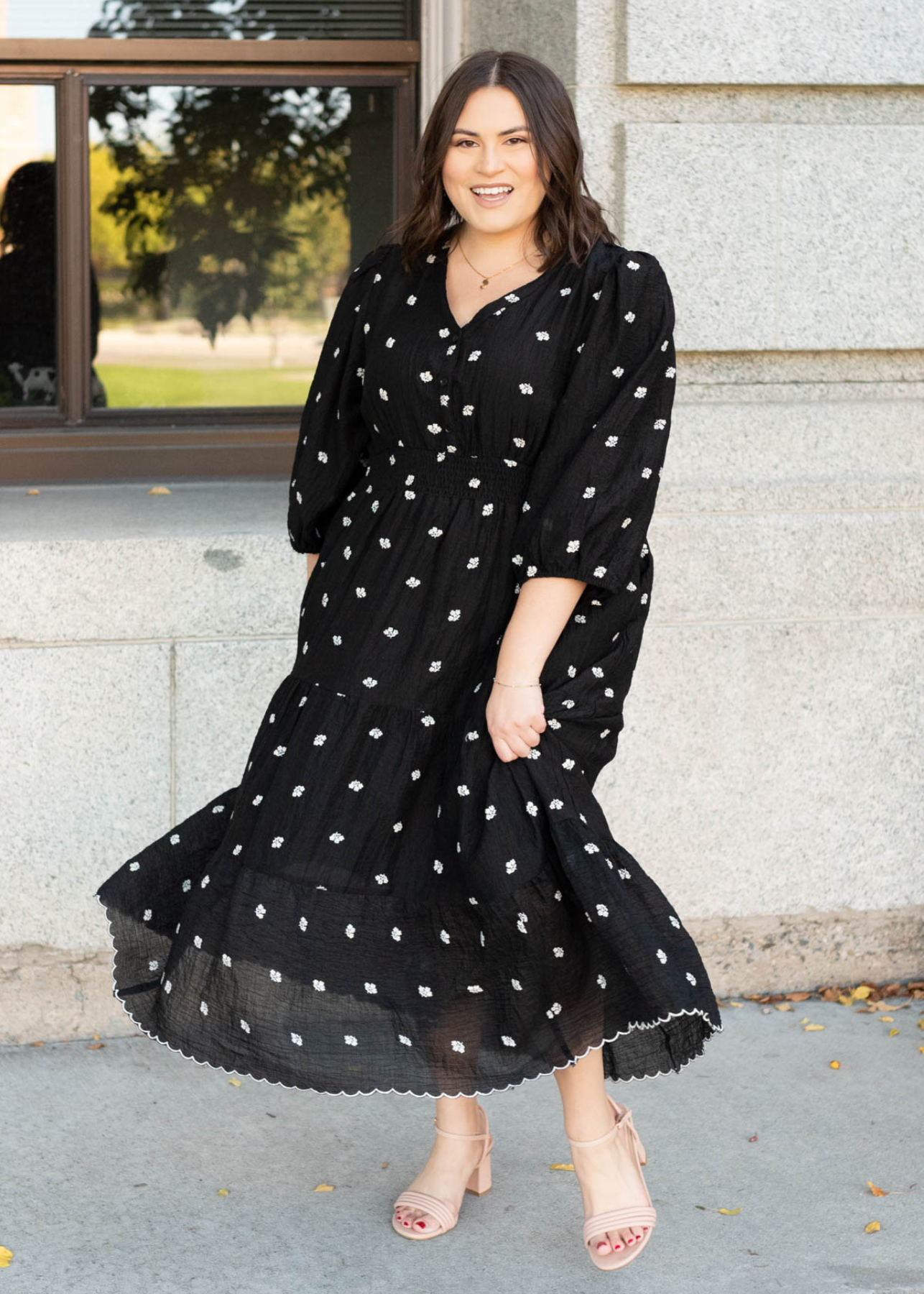 Plus size black embroidered button dress with long sleeves