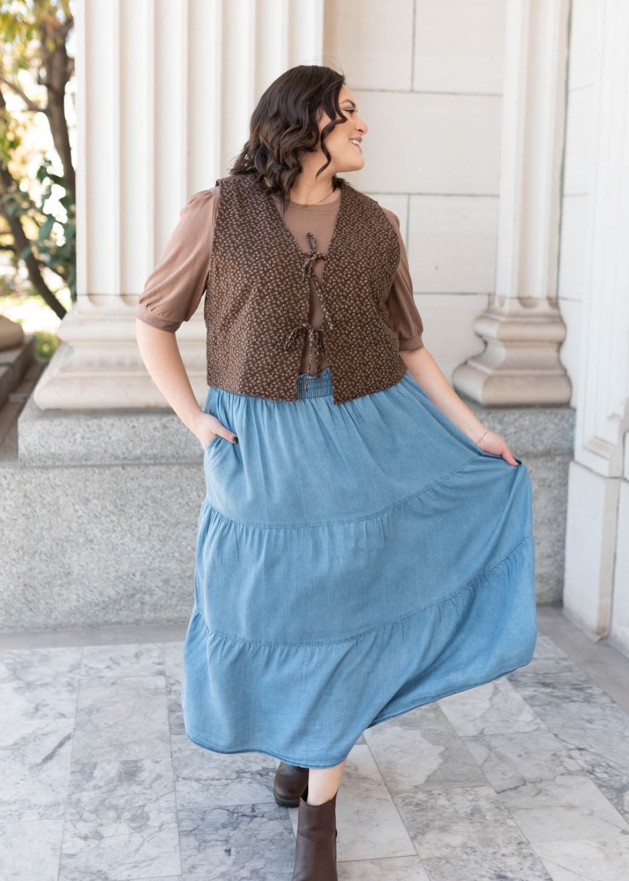 Plus size denim tiered skirt with an elastic waist