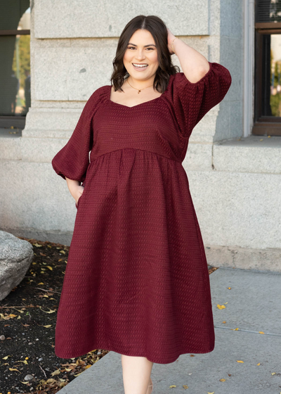 High waisted plus size burgundy textured dress