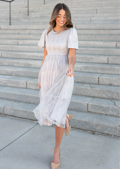 Grey floral lace dress