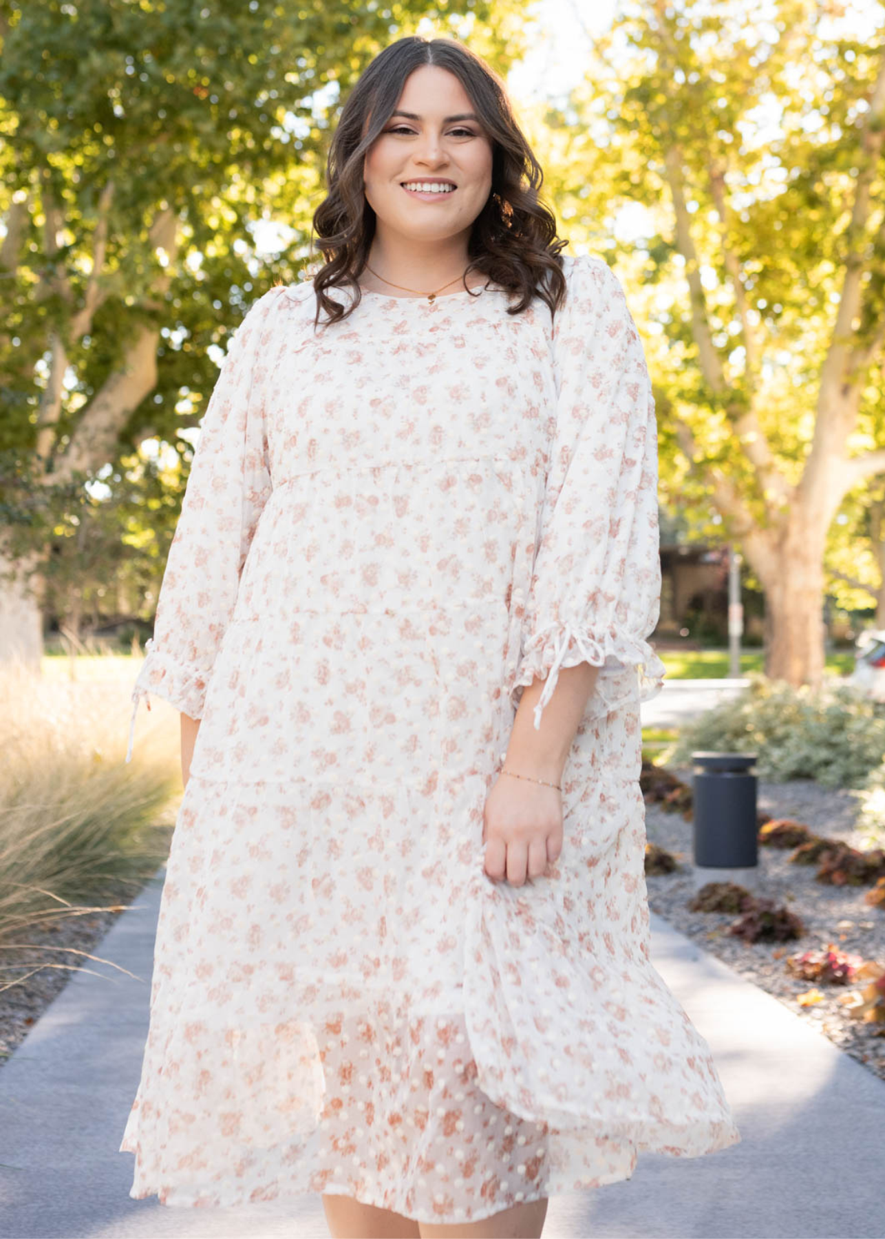 Cream floral dot dress with long sleeves in plus size