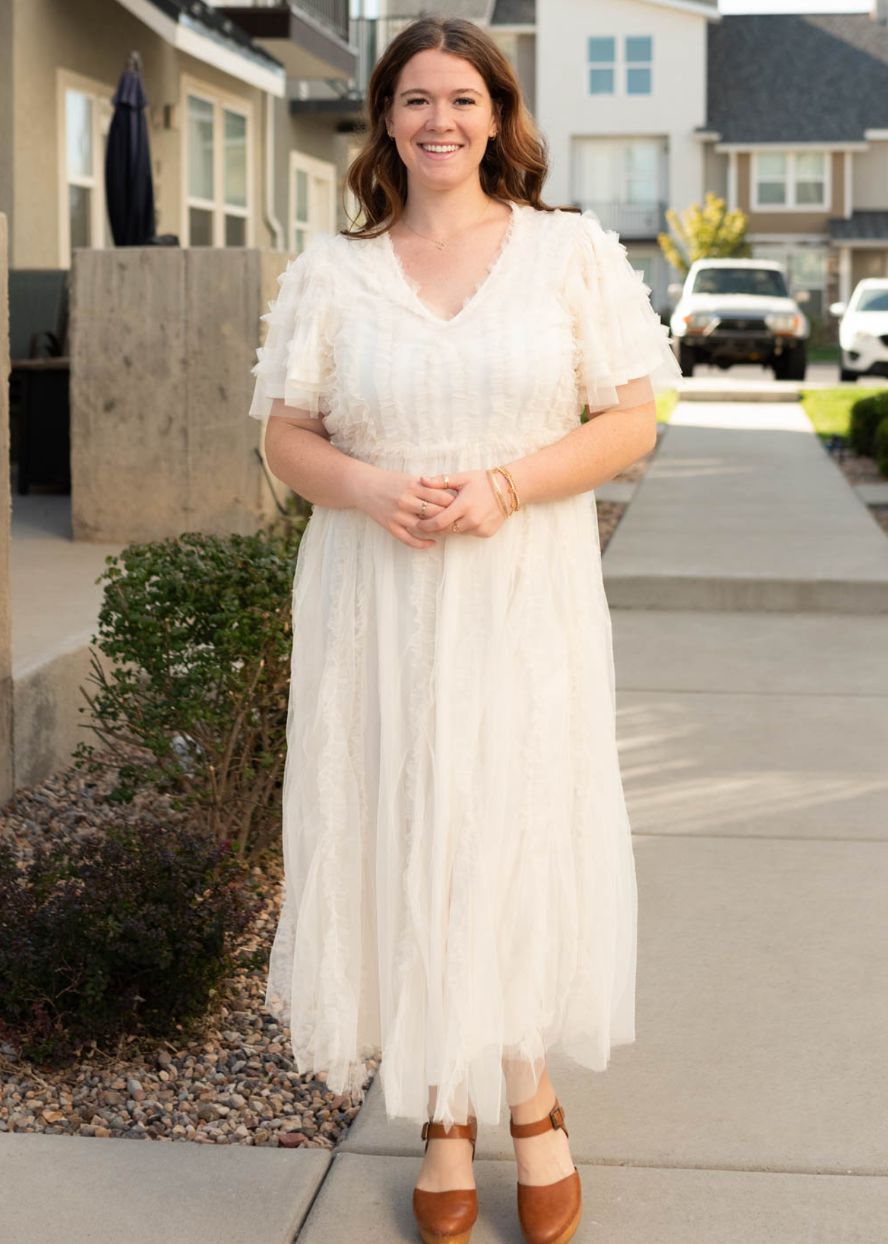 Plus size cream sheer ruffle dress