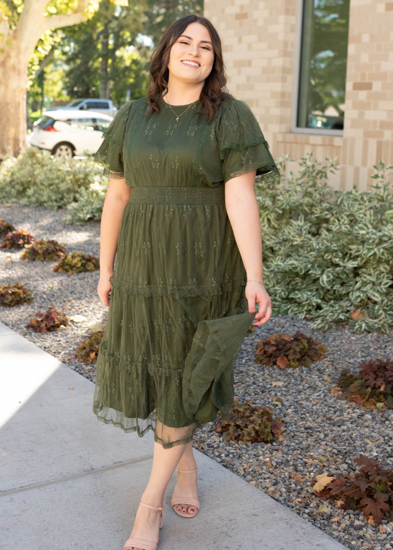 Short sleeve dark green floral lace dress