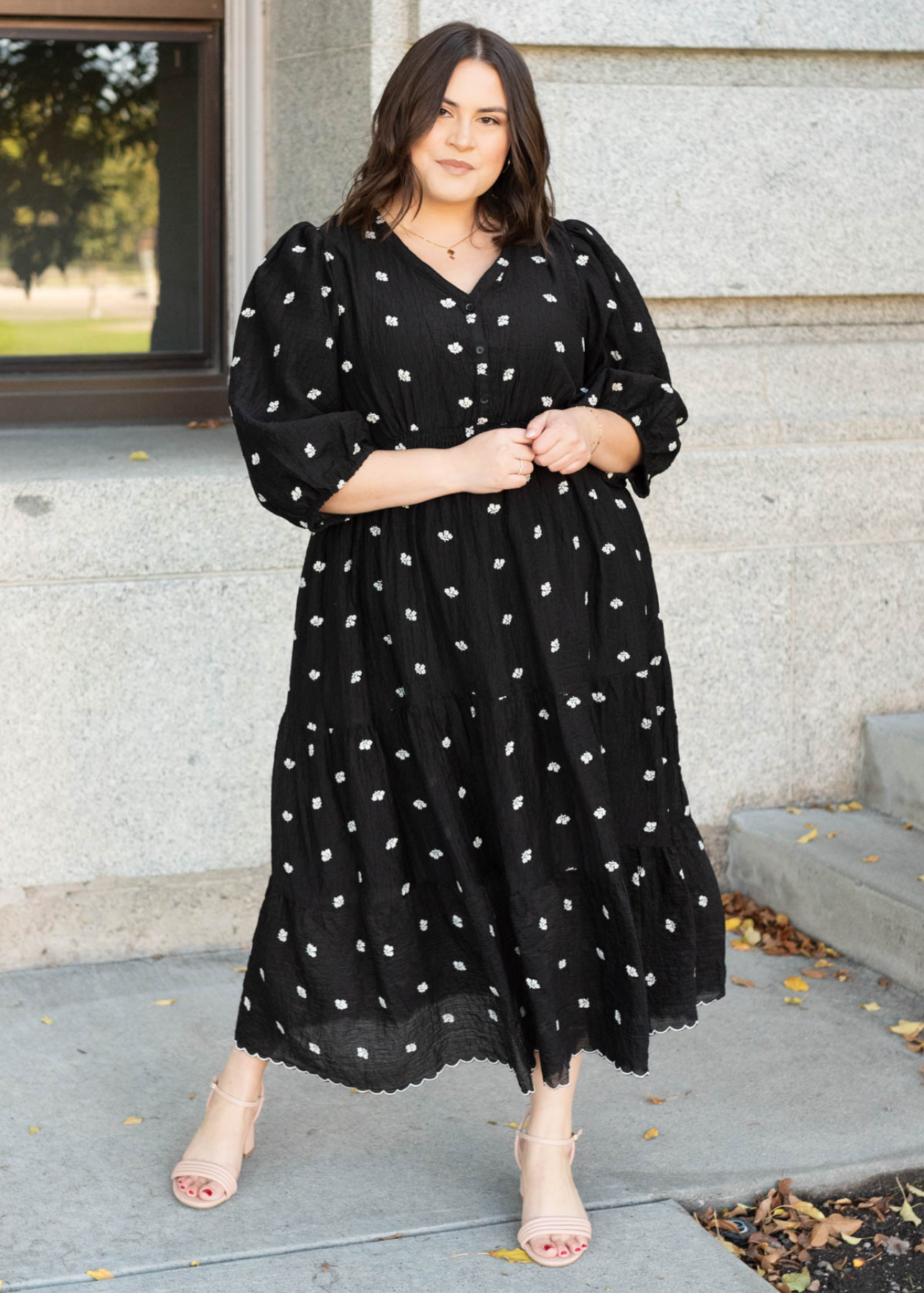 Plus size black embroidered button dress