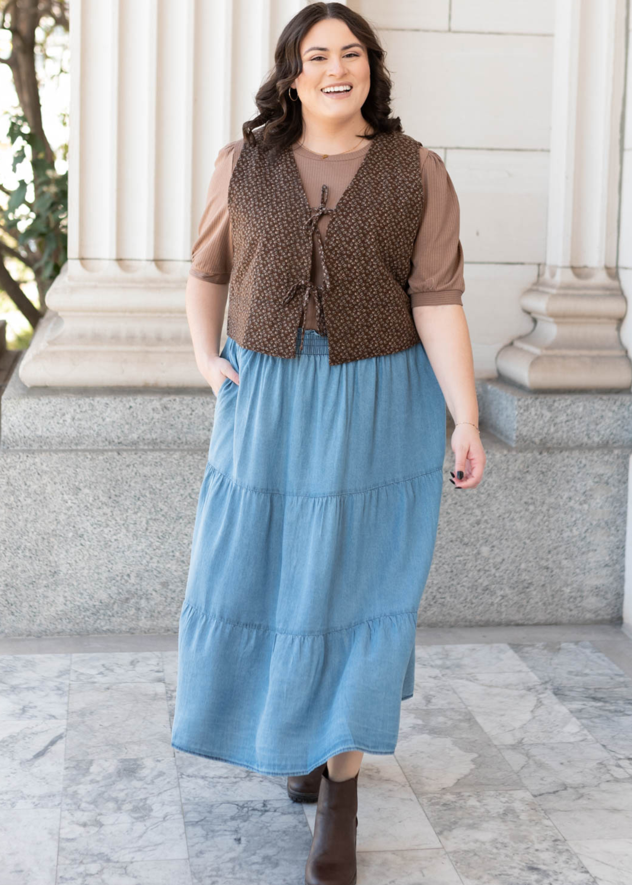 Plus size denim tiered skirt in 1x