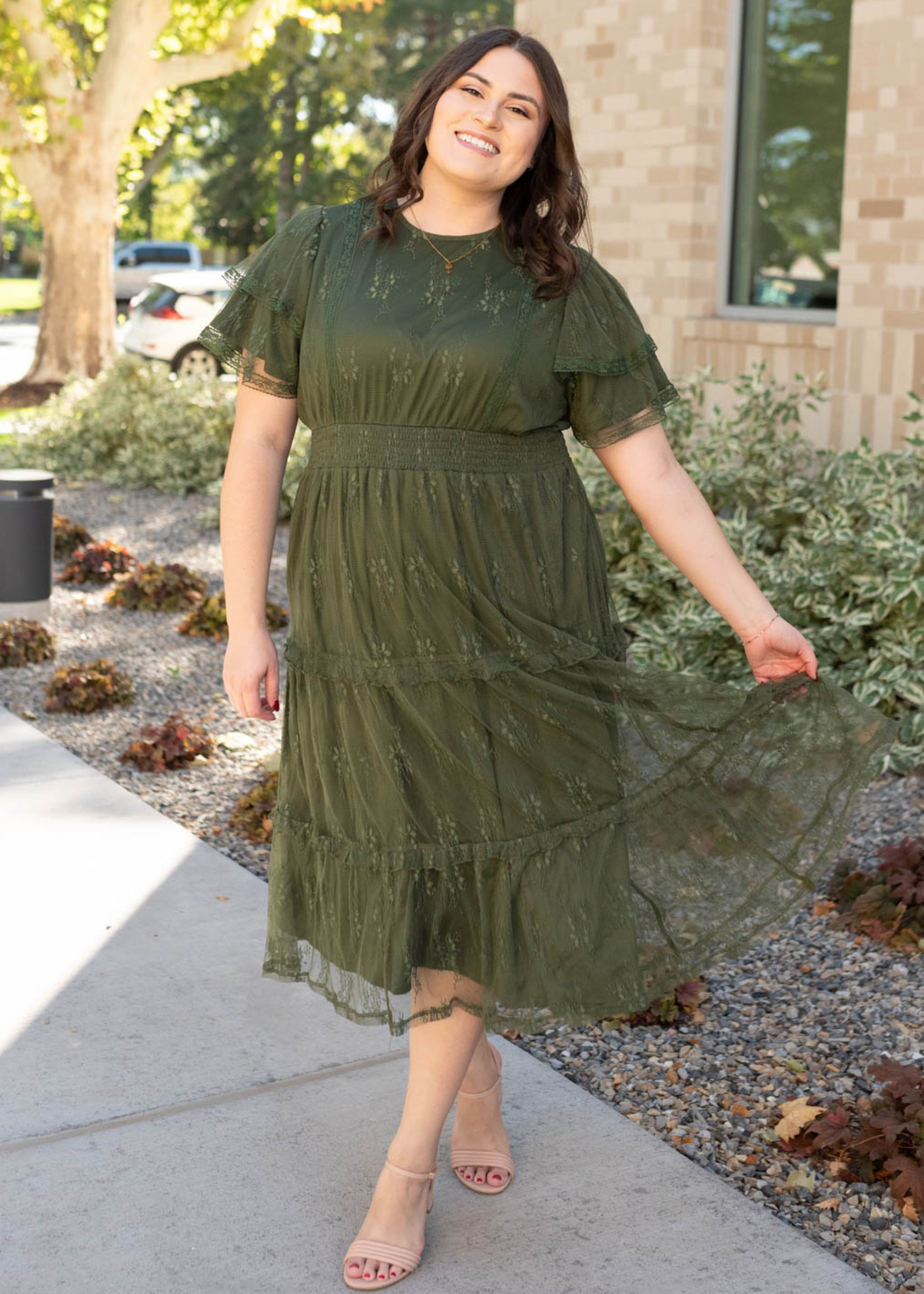 Dark green floral lace dress in plus size