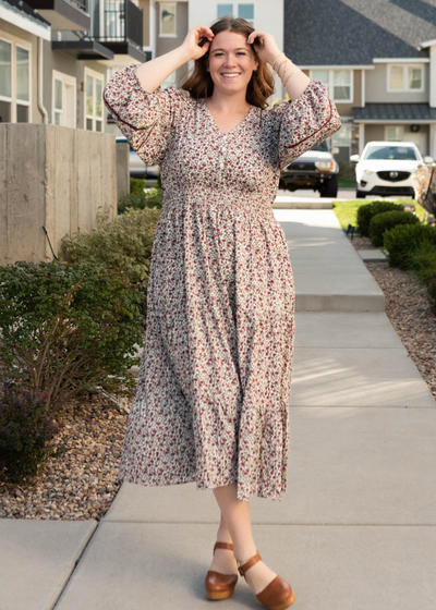 Plus size burgundy floral dress with long sleeves