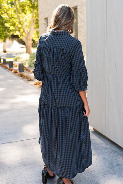 Back view of the navy black gingham dress