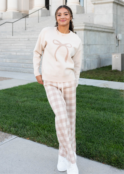 Taupe and ivory gingham sweater pants