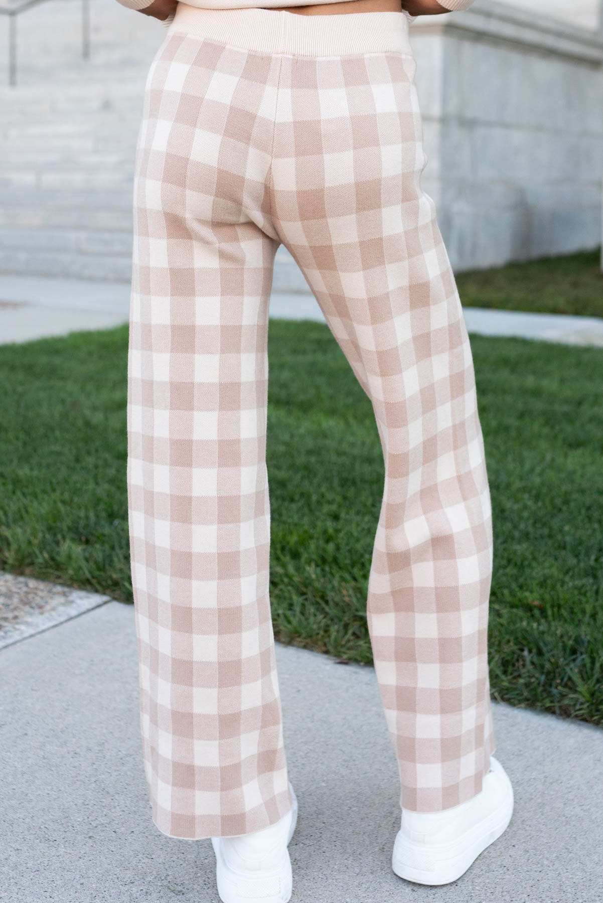 Back view of the gingham sweater pants