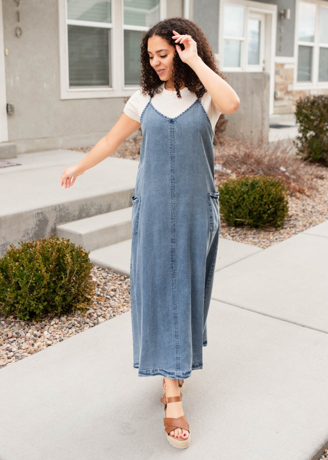 Denim blue overall dresss with adjustable skinny straps