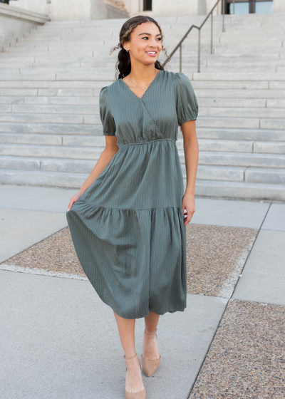 Short sleeve olive tiered dress