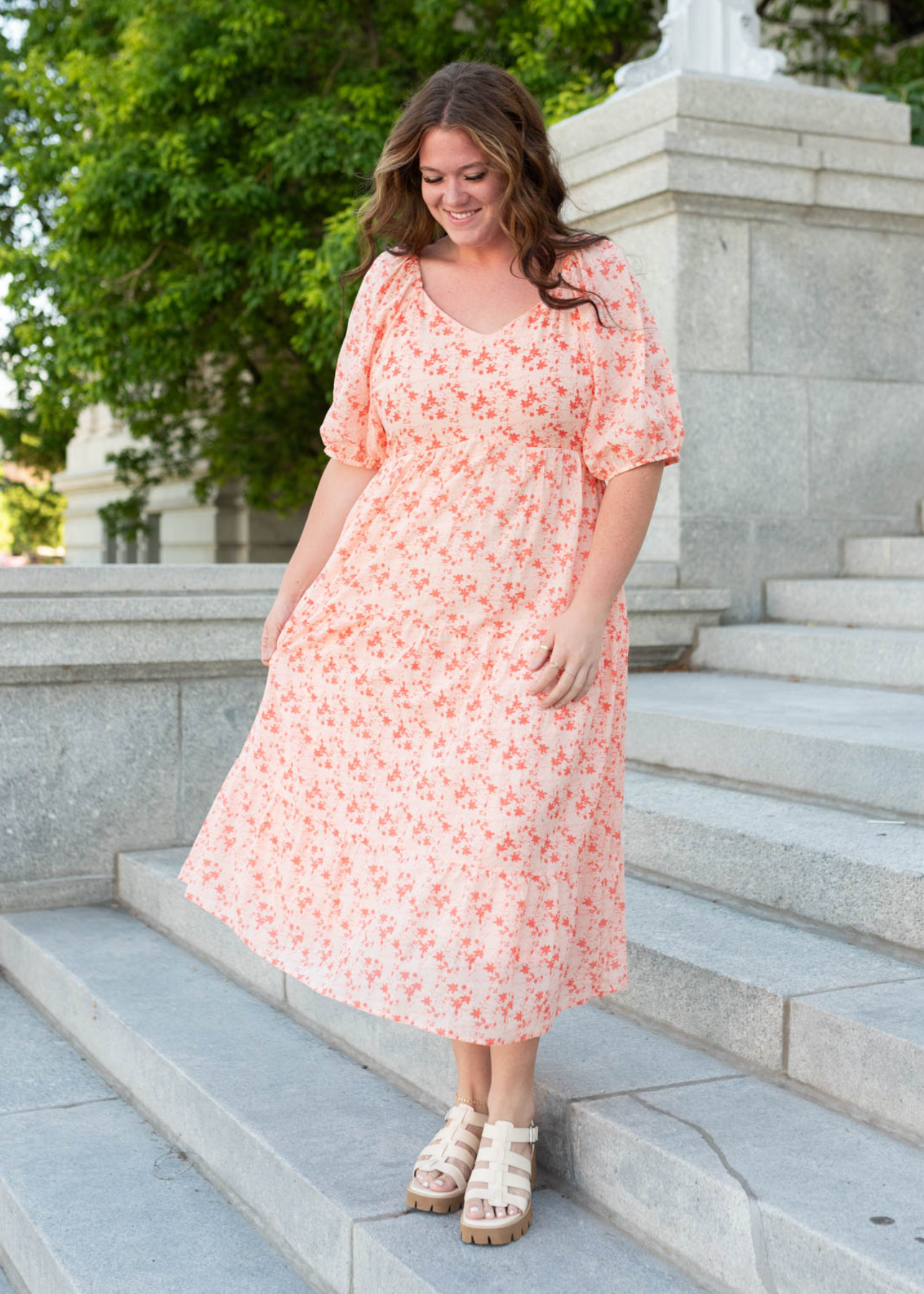 Short sleeve peach floral tiered dress