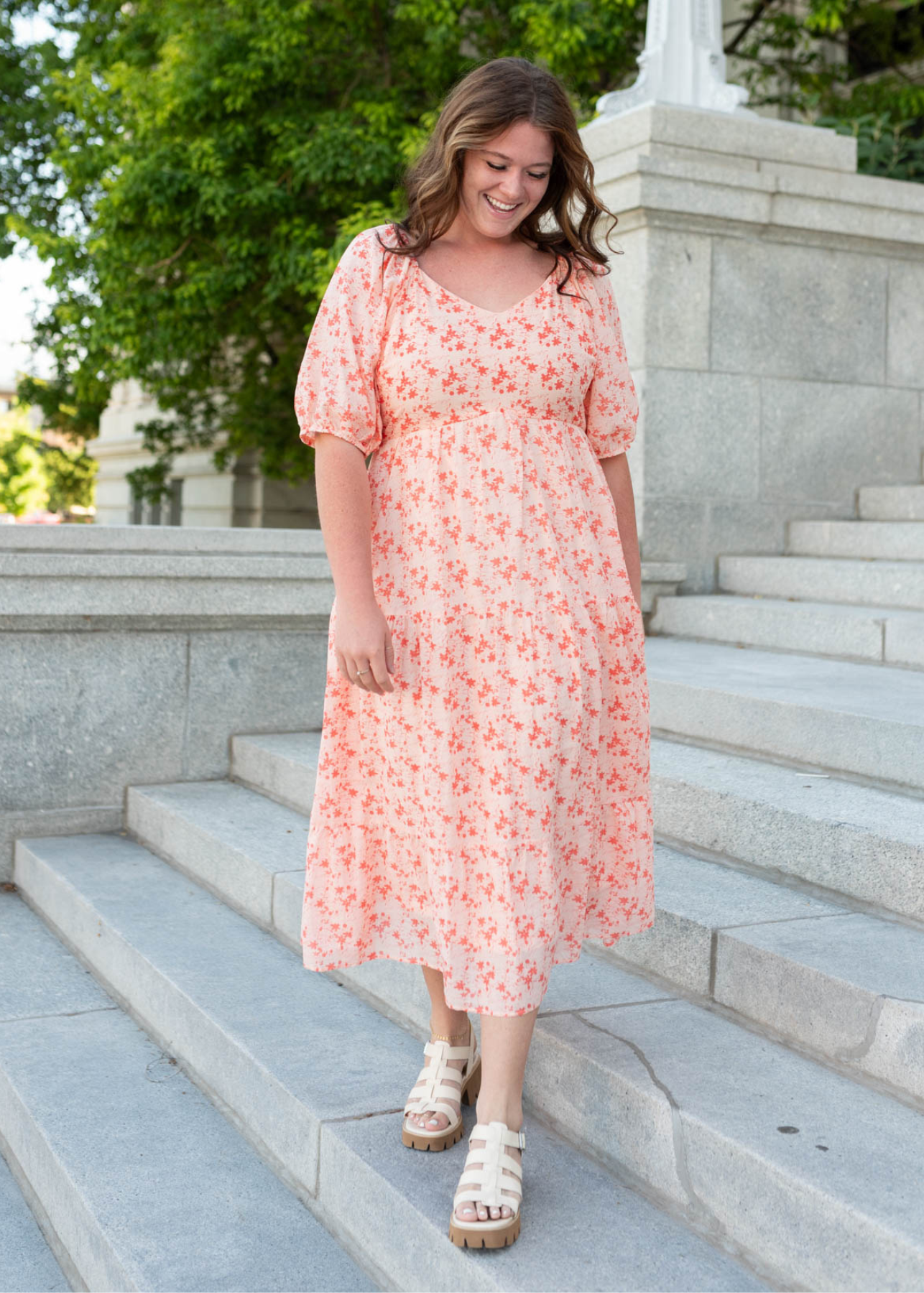 Plus size peach floral tiered dress