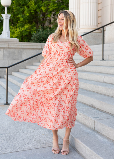 Peach floral tiered dress