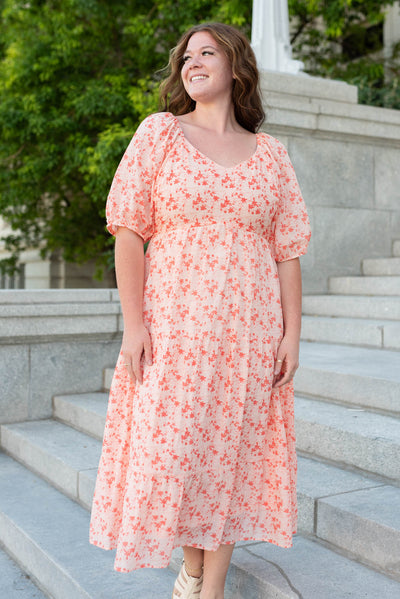 High waisted plus size peach floral tiered dress