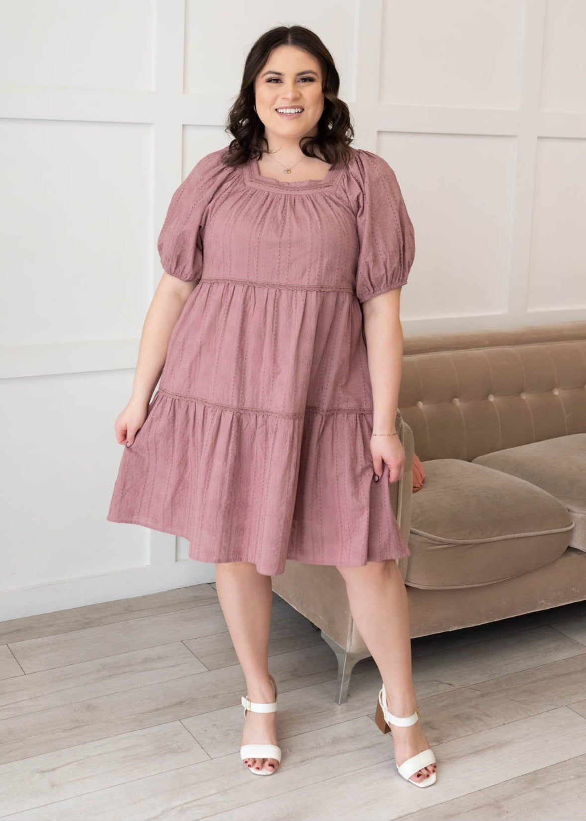 Short sleeve dusty mauve embroidered dress in plus size