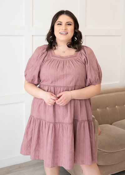 Plus size dusty mauve embroiderred dresss with short sleeves