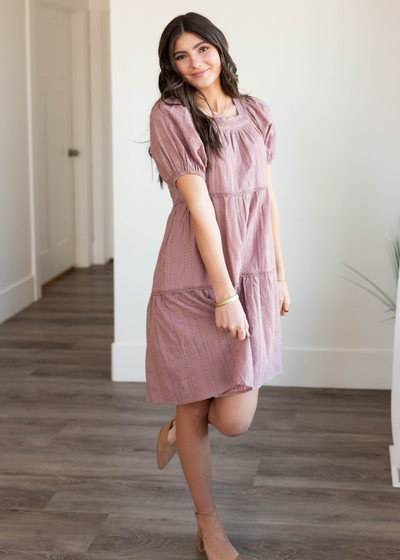 Short sleeve mauve embroidered dress