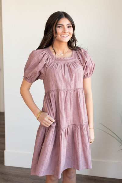 Mauve embroidered dress with lace trim