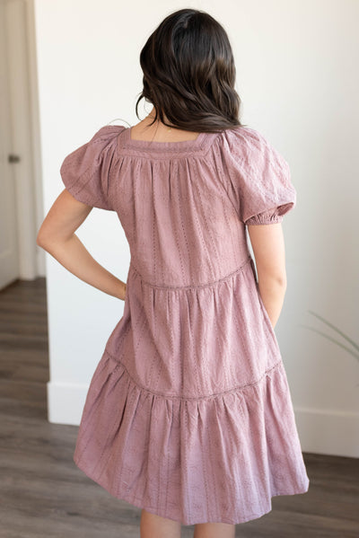 Back view of the mauve embroidered dress