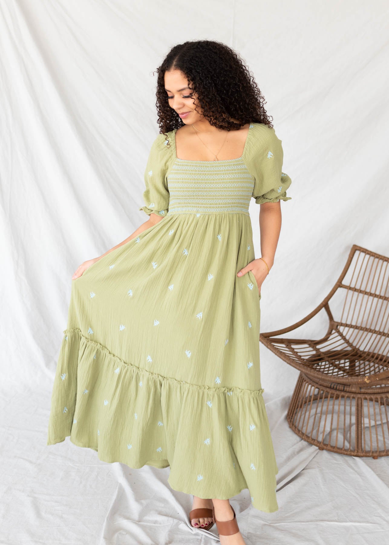 Aletta Green Floral Embroidered Dress