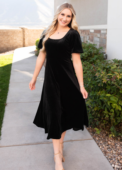 Black velvet dress with short sleeves