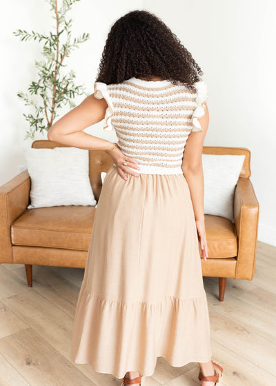 Back view of the khaki crochet knit top dress