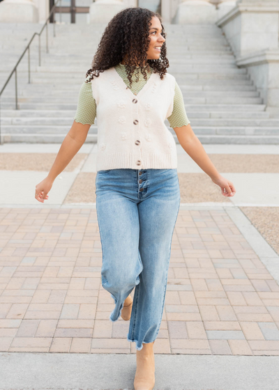 Button up cream floral knit vest