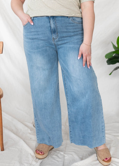 Plus size wide leg washed denim pants in plus size