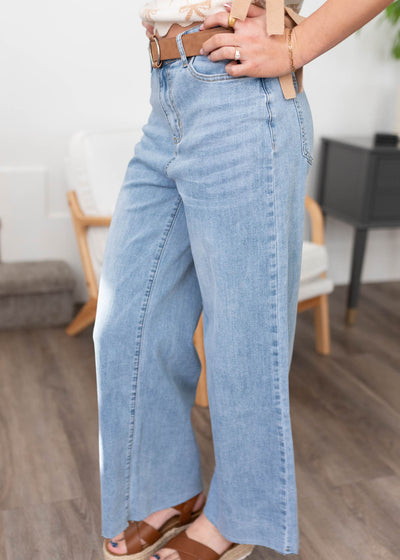 Side view of the washed denim pants