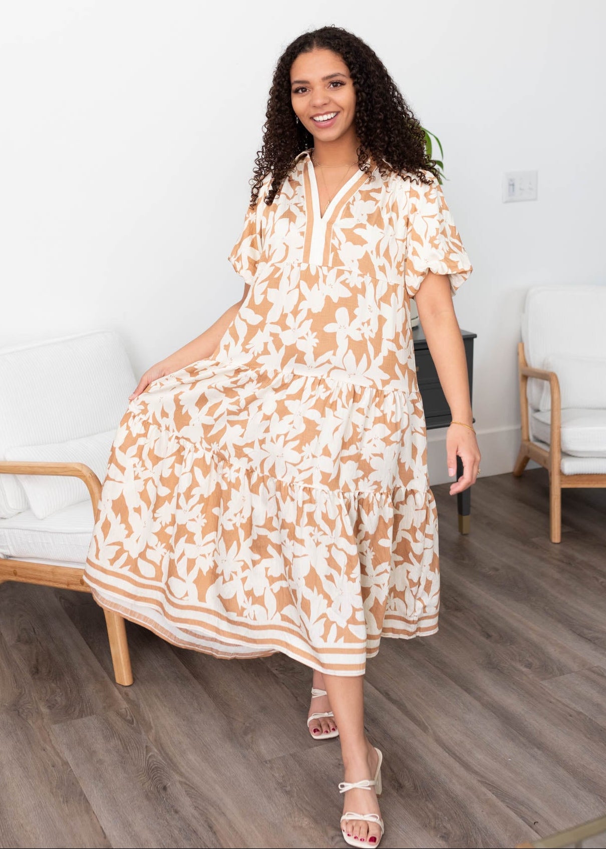 Puff sleeve taupe floral tiered dress