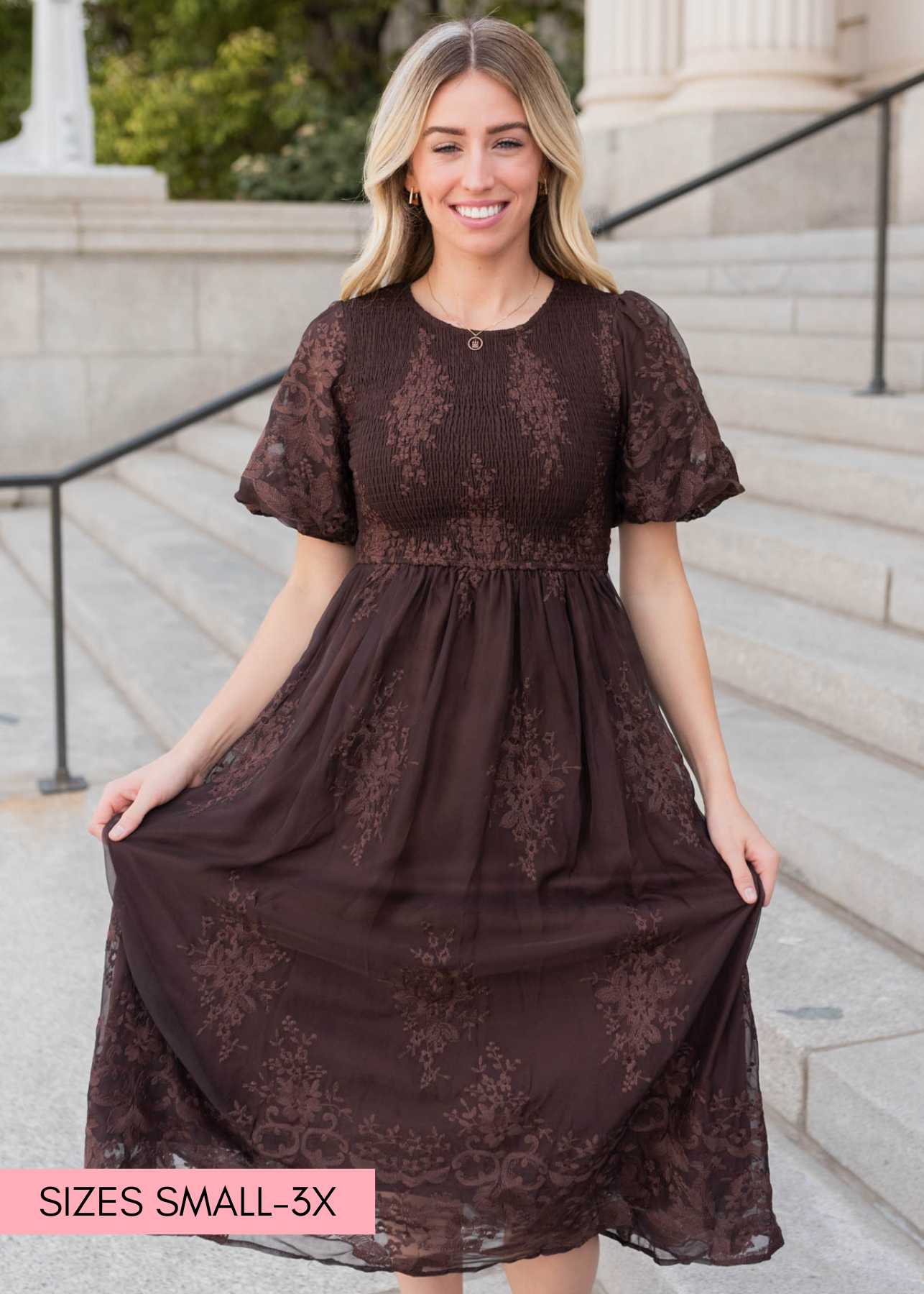 Brown embroidered dress with smocked bodice