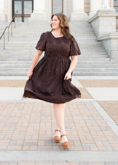 Short sleeve plus size brown embroidered dress