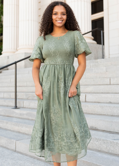 Deep sage embroidered dress with smocked bodice