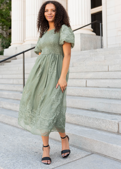 Short sleeve deep sage embroidered dress