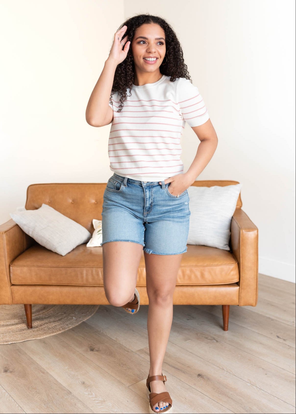 Pink stripe top with short sleeves