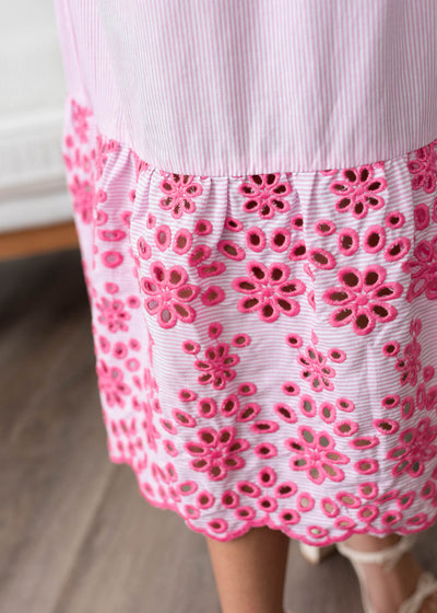 Close up of the pink eyelet on the pink stripe eyelet dress