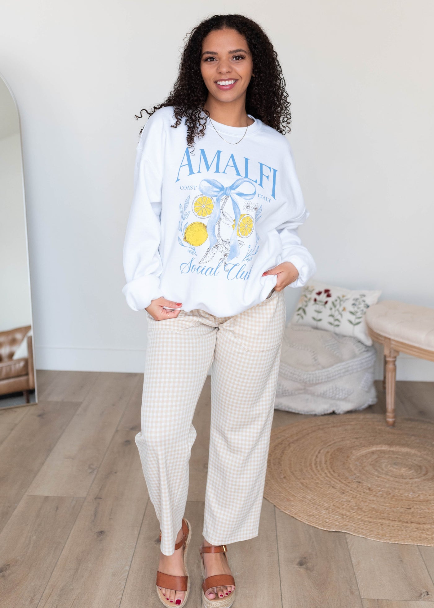 Light blue and yellow graphic on the Amalfi graphic sweatshirt