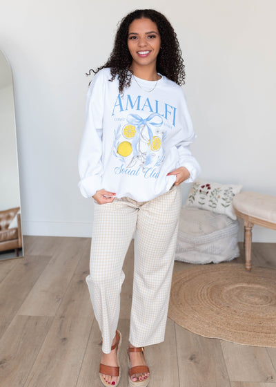 Light blue and yellow graphic on the Amalfi graphic sweatshirt