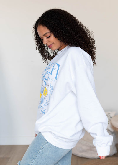 Side view of the Amalfi graphic sweatshirt