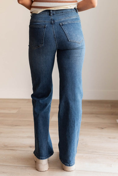 Back view of the medium wash high rise straight jeans