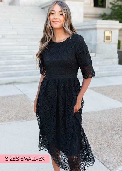 Black lace dress with banding at the waist