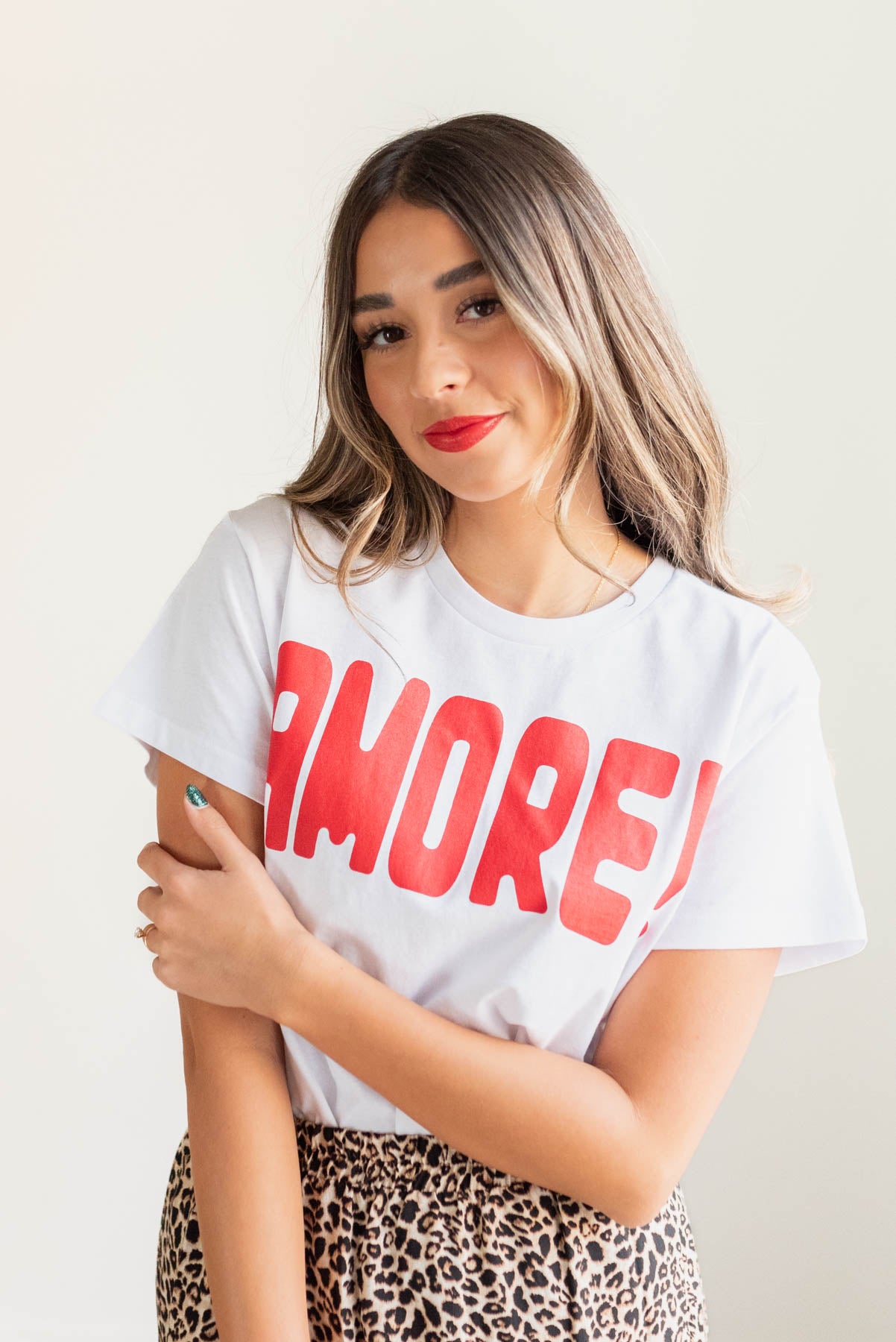 White graphic tee with the word Amore