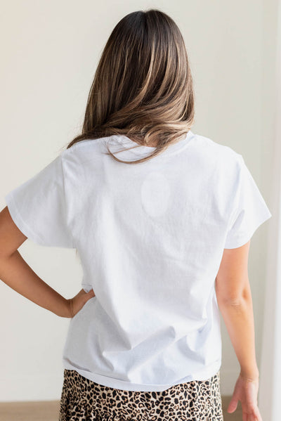 Back view of the red amore white graphic tee