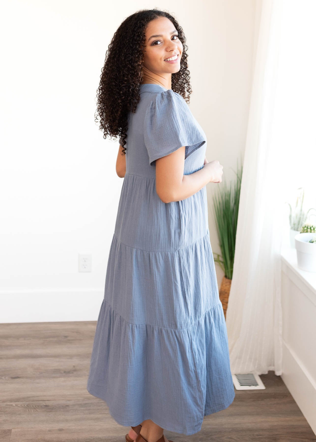 Size view of the blue gauze tiered dress